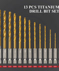 Front view of 13-piece titanium-coated HSS drill bit set with quick-change shanks, sizes 1/16 to 1/4 in.