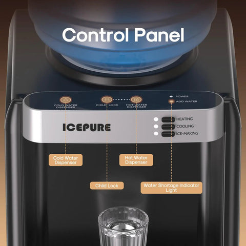 Control panel of Three In One Water Dispenser With Built In Ice Maker Hot And Cold Water Cooler For Five Gallon Bottles With Child Lock