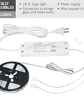 RibbonFlex Home AC Dimmable Bright White LED Tape Light Kit 4000K, 5M 16.4 Ft with connectors, power supply, and 3M backing.