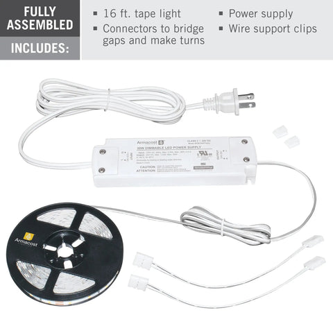 RibbonFlex Home AC Dimmable Bright White LED Tape Light Kit 4000K, 5M 16.4 Ft with connectors, power supply, and 3M backing.