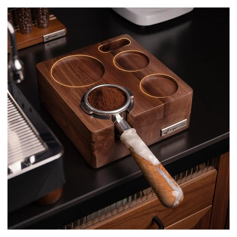 Straight Up Organized Espresso Tamper Station With Universal 51 To 58mm Base And Built In Powder Dispenser Premium Walnut Barista Organizer displaying portafilter with coffee grounds.