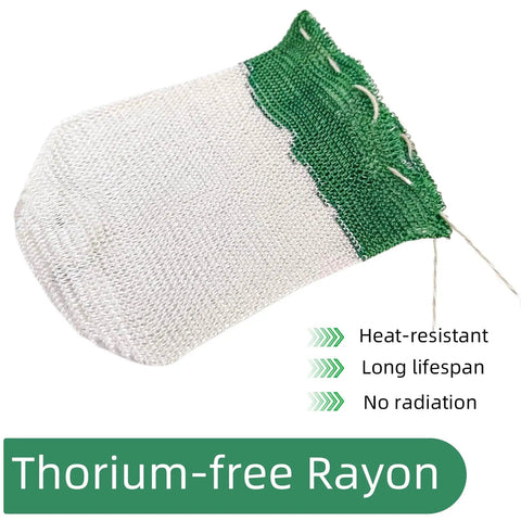 10 Pack U Shaped Lantern Mantles for Propane Lamps, showing heat-resistant rayon mantle in green and white with benefits listed