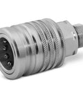 Close-up of a coupler from the Universal 4 Circuit Hydraulic Multiplier Kit With Selector Valve, Couplers And Switch Box Control For Open Closed Or FPC Systems, Works With Double Or Single Acting Cylinders, Anodized Body, 12V, Heavy Duty Weatherproof.