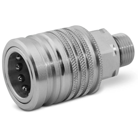 Close-up of a coupler from the Universal 4 Circuit Hydraulic Multiplier Kit With Selector Valve, Couplers And Switch Box Control For Open Closed Or FPC Systems, Works With Double Or Single Acting Cylinders, Anodized Body, 12V, Heavy Duty Weatherproof.