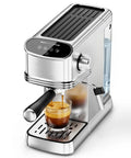 No Fuss Barista Style Shots At Home With This Compact Stainless Steel Espresso Maker Featuring 20 Bar Pressure integrated steam frother pouring espresso.