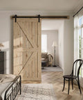 5.5Ft Single Sliding Barn Door Hardware Kit In Black Carbon Steel With Flat Track System For Closet Or Kitchen installed view