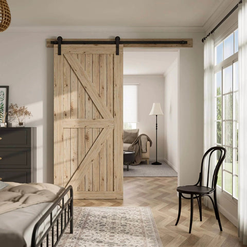5.5Ft Single Sliding Barn Door Hardware Kit In Black Carbon Steel With Flat Track System For Closet Or Kitchen installed view