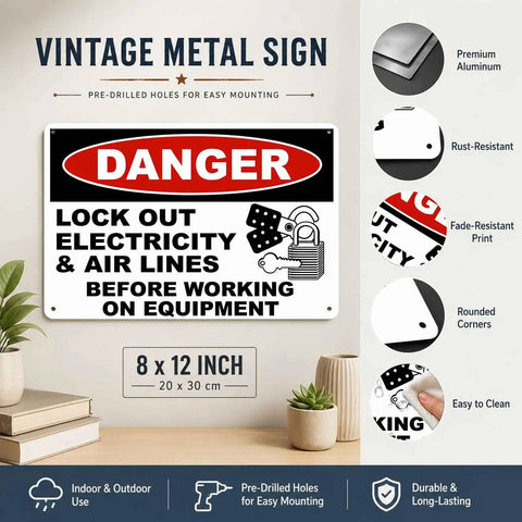 Danger Lock Out Warning Metal Sign 8x12 Inch Aluminum for Industrial Workshop Construction Site, durable and weatherproof.
