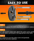 Diagram showing the Harmonic Balancer Puller and Installer Kit for Quick No Fuss Damage Free Flywheel and Crankshaft Pulley Removal and Steering Wheel Pulling Compatible with Regal Lacrosse GL8 Firstland in Red with instructions.