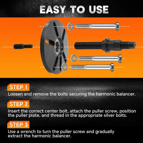 Diagram showing the Harmonic Balancer Puller and Installer Kit for Quick No Fuss Damage Free Flywheel and Crankshaft Pulley Removal and Steering Wheel Pulling Compatible with Regal Lacrosse GL8 Firstland in Red with instructions.