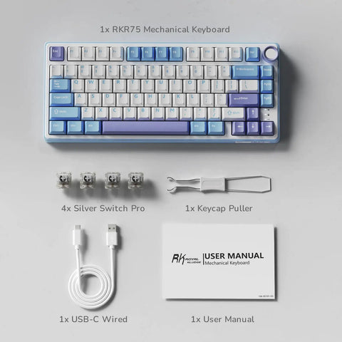 Custom 75 Percent Wired Mechanical Keyboard Featuring Gasket Mount Design Hot Swap Switches And PreLubed Linear Keys with accessories.