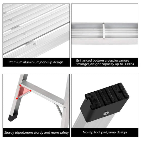 Real Solid Heavy Duty Aluminum Work Platform Step Ladder With 330 Lbs Capacity Drywall Safe CE Approved Portable Folding Bench Stool With Non Slip Mat Anti Slip Surface Compact Silver, aluminum platform and non-slip feet