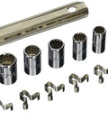 Ten Piece 12 Point One Quarter Inch Drive Socket Set That Delivers Tight Grips, Low Slippage, And Max Fastener Life, includes rail