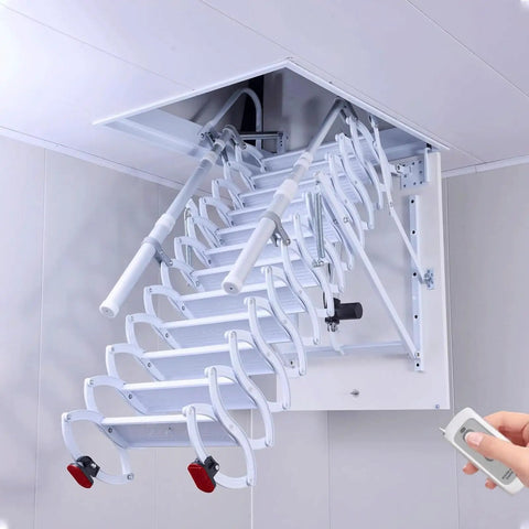 Electric Attic Ladder Telescoping Pull Down Loft Stairs showing remote and retractable design, thick frame, and non-slip treads.