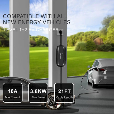 Heavy Duty Portable Level 1 And 2 EV Charger 16 Amp 110 To 240 Volt SAE J1772 Electric Car Charging Cable 21 FT Cord on wall with vehicle