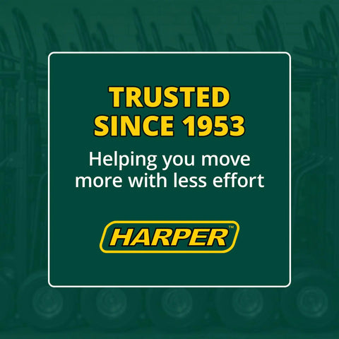 Graphic with the text 'Trusted Since 1953' and 'Helping you move more with less effort' near rows of hand trucks.