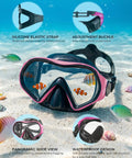 Snorkel Mask For Adults And Teens, Leak-Proof Swim Goggles With 180-Degree Panoramic View on sandy ocean floor