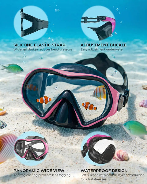 Snorkel Mask For Adults And Teens, Leak-Proof Swim Goggles With 180-Degree Panoramic View on sandy ocean floor