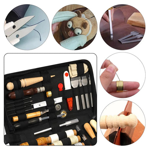 Leather Sewing Kit With Waxed Thread, Needles, Awls And Hand Stitching Tools For DIY Leather Projects, detailed view.