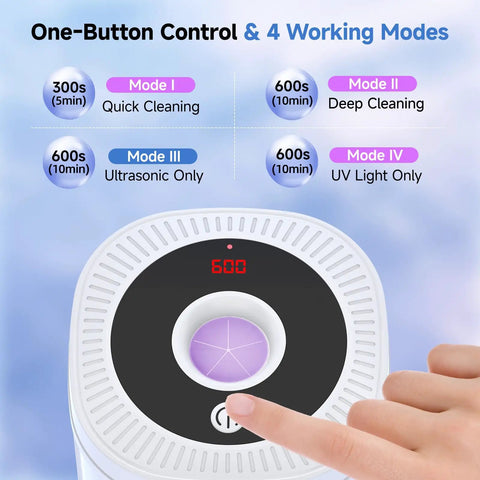 Ultrasonic Denture Cleaner Pod 45kHz With Digital Timer 200ml 4 Modes For Dentures Aligners Night Guards Mouth Guards Toothbrushes And Jewelry Pro Grade Deep Clean For All Dental Appliances, front view with finger pressing button