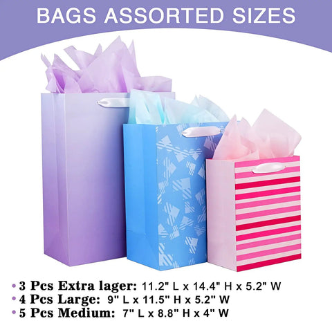 Party Ready 12 Pack Gift Bags Assorted Sizes With Tissue Paper Bulk Set, featuring extra large, large, and medium bags with handles.