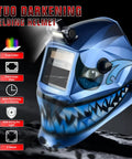 Clear view of auto darkening welding helmet with true color view and light lens. Blue design with shark graphic on side.
