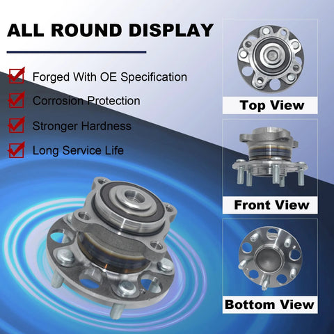 Rear Wheel Bearing Hub Assembly 512353 Fit Honda Accord 2008 2012 And Acura TSX 2009 2014 Replacement showing top, front, bottom views