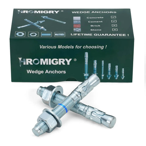 Three Quarter Inch By Five And One Half Inch Concrete Wedge Anchors Bolts Zinc Plated 10 Pack Heavy Duty Carbon Steel Anchors displayed with box