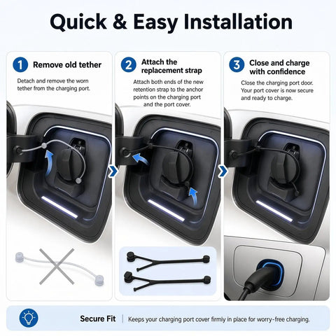 Installation guide for Heavy Duty Charging Port Retention Strap For BMW i3, ensuring tight seal for EV cover.
