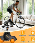 Man using indoor bike setup with Rocker Feet Adapters For Indoor Cycling Trainers, 4 Pack with 8 Squash Balls, shock absorbing kit