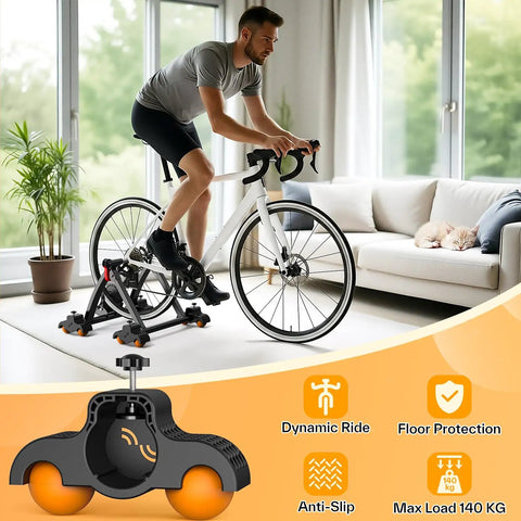 Man using indoor bike setup with Rocker Feet Adapters For Indoor Cycling Trainers, 4 Pack with 8 Squash Balls, shock absorbing kit