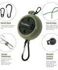 Compact lightweight travel clothesline cord reel with nylon rope, hooks, and clothespins for versatile indoor-outdoor use.