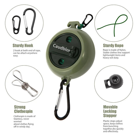 Compact lightweight travel clothesline cord reel with nylon rope, hooks, and clothespins for versatile indoor-outdoor use.