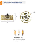 Product dimensions for 5 Pc Blades Ceiling Fan with Remote Control, Low Profile Flush Mount, showing size and bulb base.