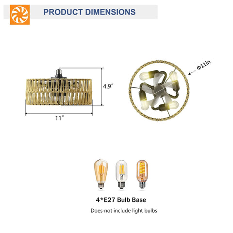 Product dimensions for 5 Pc Blades Ceiling Fan with Remote Control, Low Profile Flush Mount, showing size and bulb base.