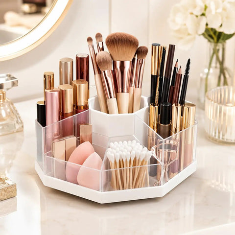 Spin It Desk Organizer With 360 Degree Rotation Nine Removable Compartments Detachable Pencil Holder with makeup brushes