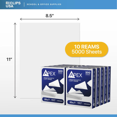 Premium Multipurpose Copy Paper 8.5 By 11 Inches 20 Lb 92 Brightness Crisp White Sheets in bulk with 10 reams of 5000 sheets.