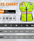 Size chart for Kickass Hi Vis Safety Vest For Women Snag Free Mesh With Loud Reflective Tape Zip Closure detailing dimensions.