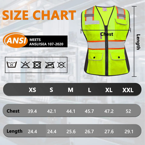 Size chart for Kickass Hi Vis Safety Vest For Women Snag Free Mesh With Loud Reflective Tape Zip Closure detailing dimensions.