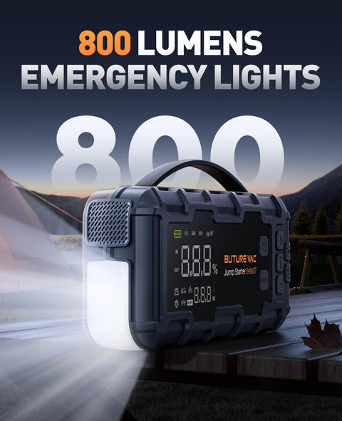 Beast All In One Jump Starter With Air Compressor And Power Bank, 8000A Peak illuminated showing 800 lumens emergency lights