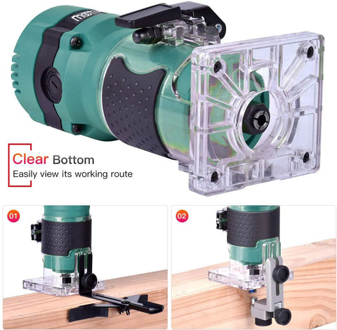 Compact Palm Router Tool For Woodworking with 30,000 RPM, clear base, and 12 router bits for edge routing and trimming on wood.