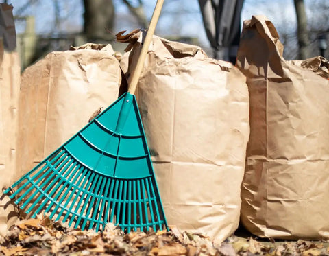 Four 30 Gallon Brown Paper Yard Waste Bags, Heavy Duty 2 Ply Self Standing, Tear Resistant, Biodegradable and Compostable with a rake