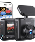 5K Front Dash Cam With GPS And 5G WiFi Sony STARVIS Sensor HDR Night Vision displayed with smartphone and label in background.