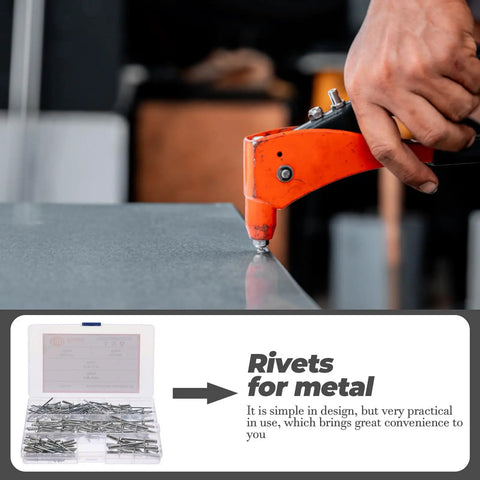 Aluminum Pop Rivets Kit 140Pcs Assortment in use with hand tool on metal sheet, showcasing flat head and flange blind rivets.