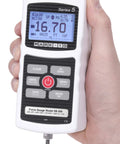 M5 Digital Force Gauge, 200 Lbf Capacity, Built For Speed With 7000 Hz Sampling, USB RS-232 And Analog Outputs, 0.1% Accuracy, 1000 Point Memory, Built In Statistics, Extendable Up To 2000 Lbf 10 kN handheld force gauge showing 16.70 lbf on display