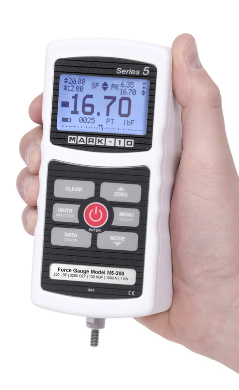 M5 Digital Force Gauge, 200 Lbf Capacity, Built For Speed With 7000 Hz Sampling, USB RS-232 And Analog Outputs, 0.1% Accuracy, 1000 Point Memory, Built In Statistics, Extendable Up To 2000 Lbf 10 kN handheld force gauge showing 16.70 lbf on display