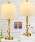 Set Of 2 Touch Control Table Lamps With USB Charging Ports, 3 Way Dimmable, Modern Nickel And Gold Finish, White Fabric Drum Shades