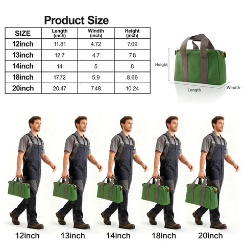 Canvas Tool Bag For Handyman Pros 12 Inch Small Tote With Large Capacity Multipurpose Zippered Organizer with size comparison