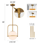 Slick Brass Pendant Light For Kitchen Island With Adjustable Height And Soft Frosted Glass Globe Ceiling Lamp For Dining Room Entryway Bedroom Modern Hanging Fixture Top Shelf Home Decor with measurements and components.