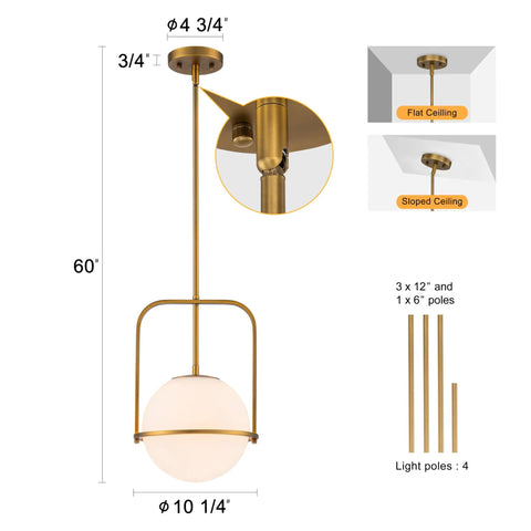 Slick Brass Pendant Light For Kitchen Island With Adjustable Height And Soft Frosted Glass Globe Ceiling Lamp For Dining Room Entryway Bedroom Modern Hanging Fixture Top Shelf Home Decor with measurements and components.